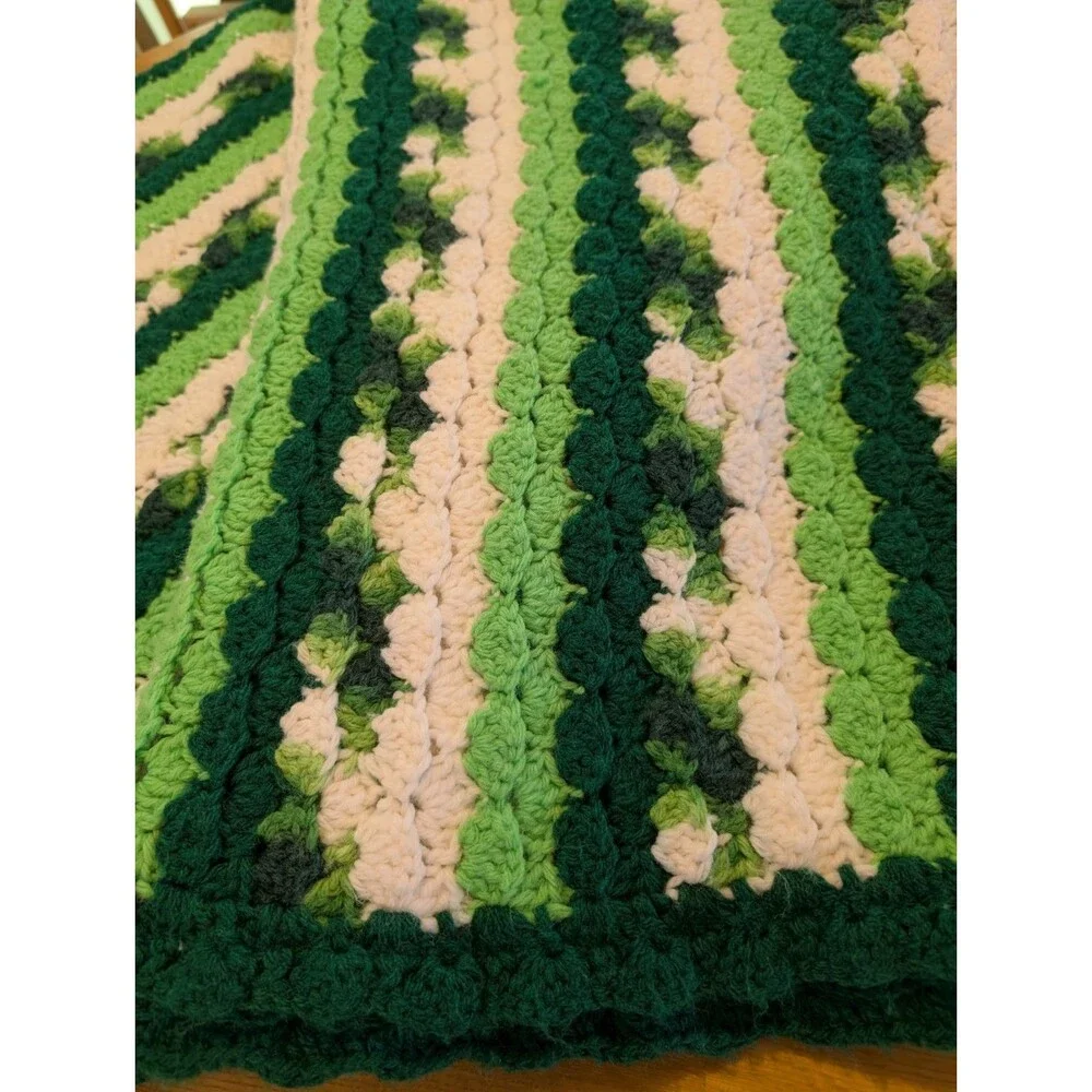Handmade Green & White Striped Crochet Afghan Blanket 4.5'x7'